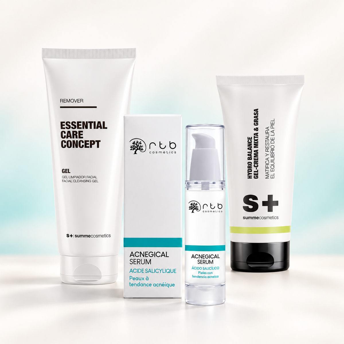 Rutina para piel grasa e imperfecciones con limpiador, sérum y crema equilibrante